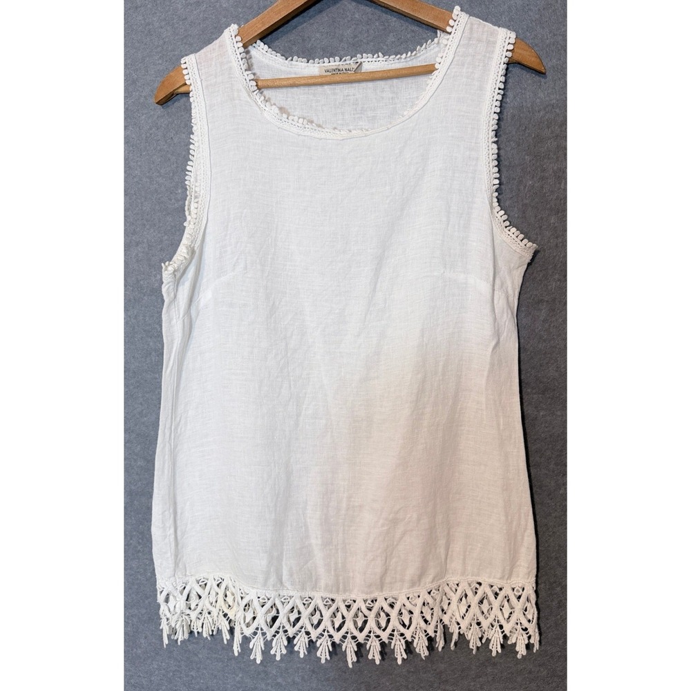 Valentina Naldi White Linen Tank Top Small Crochet Lace Trim Made in Italy Boho